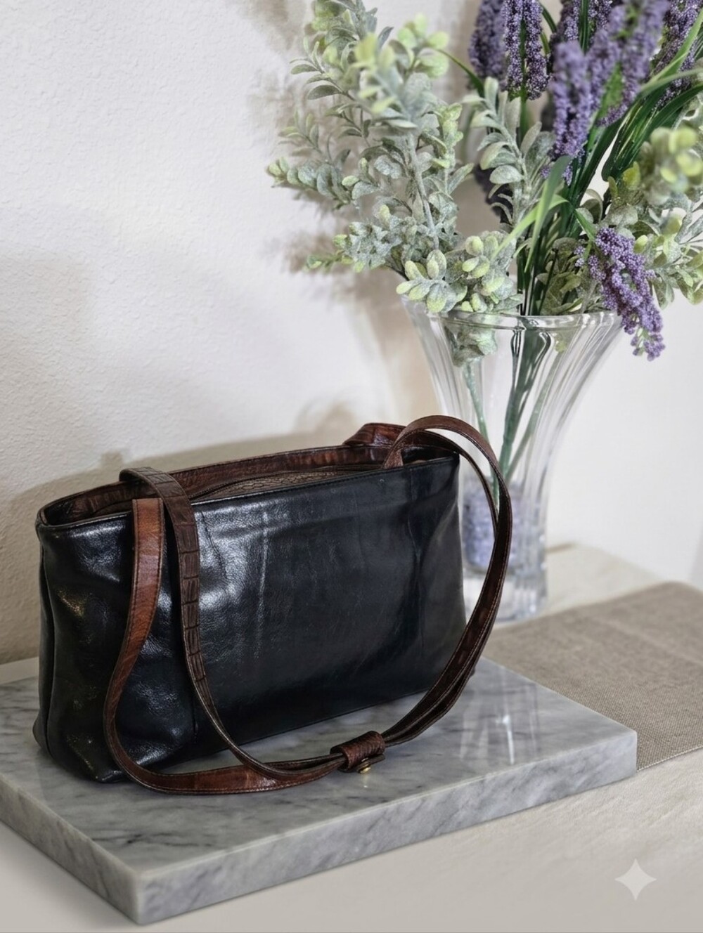 Vintage Brahmin Leather Shoulder Bag With Croc Embossed Brown Trim